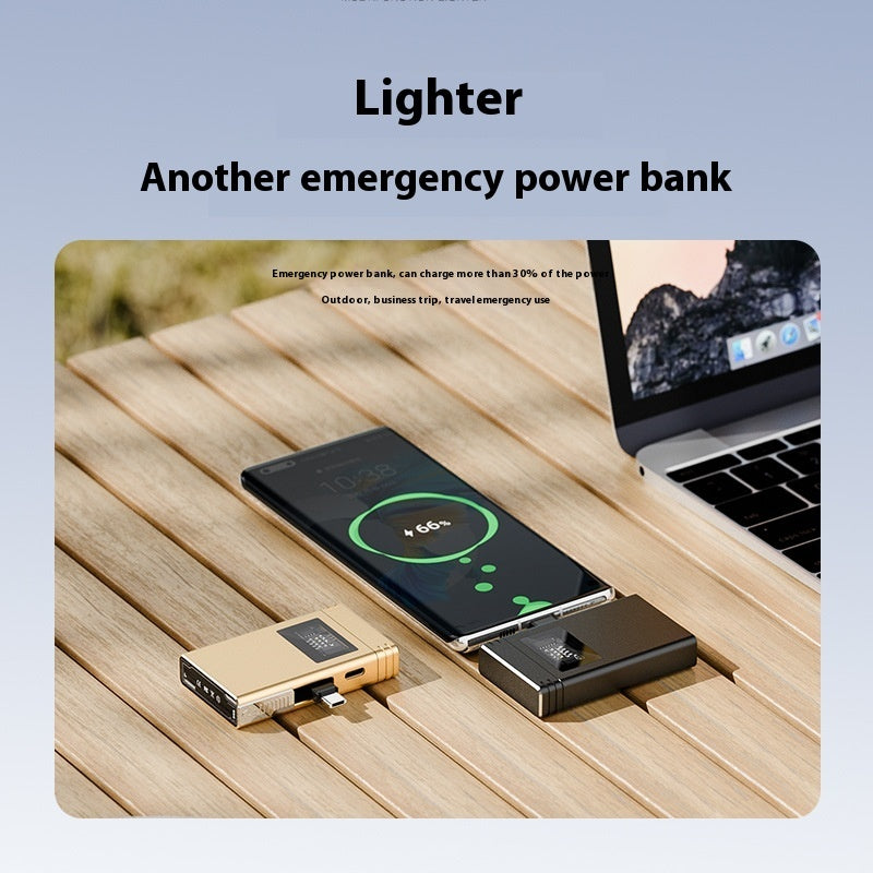 Arc and Ember dual metal USB power bank lighter in dark night green and rose gold charging a smartphone on a table