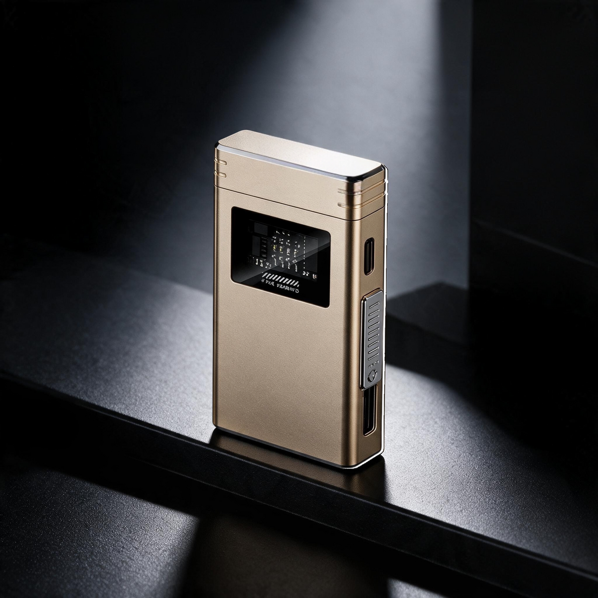 Arc and Ember rose gold metal dual USB power bank lighter with a modern minimalist design on a dark surface
